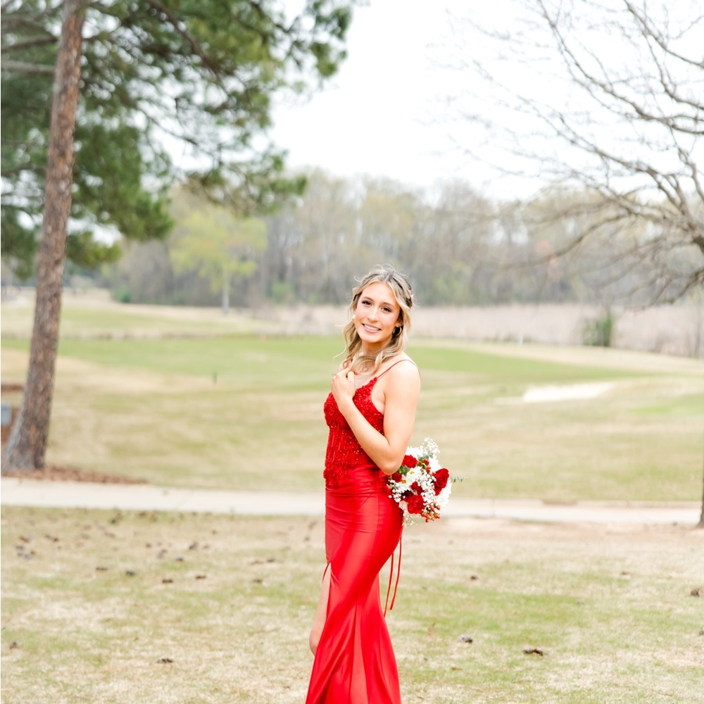 Red Spaghetti Strap Prom Gown